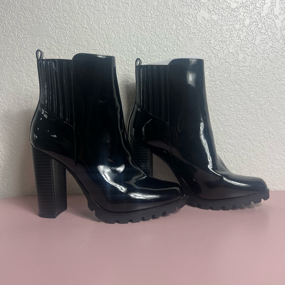 Black Slick Heeled Booties | JUST FAB